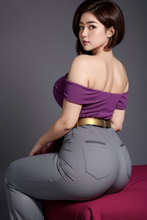 TendouNabiki, grey blue business suit, violet pants, pink tie, red belt with gold ring in the middle, short fluffy brown hair, brown eyes, thicc big hips, curvy_hips, big thicc diaper butt, sitting_on_ranma_face, back view, masterpiece, best quality, detailed face, detailed eyes, highres,