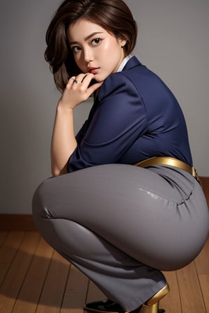 TendouNabiki, grey blue business suit, violet pants, pink tie, red belt with gold ring in the middle, short fluffy brown hair, brown eyes, thicc big hips, curvy_hips, big thicc diaper butt, hands on butt, squatting, looking-at-viewer, masterpiece, best quality, detailed face, detailed eyes, highres,