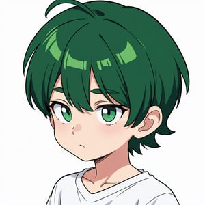 solid white background, no details, no objects, (1boy, 12yo ), hair green, very short hair, t-shirt white