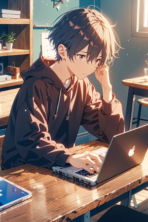 1boy, sitting at a wooden table, a laptop on the table with smartphone ,center,aether