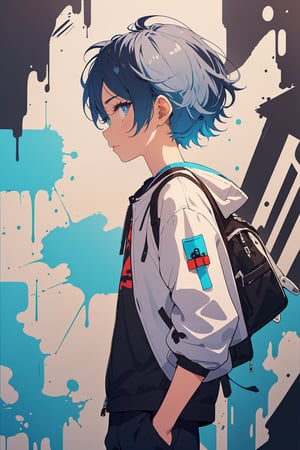 2D, ( 1boy , side view, solo: 1.5), casual oufit , vibrant, detailed, close up, very attractive, show tongue, abstract, masterpiece, high quality, , (blended black and blue hair:1.3), splatoon colors, dynamic pose, graffitiStyle,graffiStyle