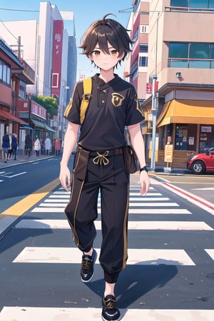 japan street with a crosswalk, japan traffic light at the edge of the street, (1boy, 14years old) walking on a pedestrian walkway, tshirt black and gold, pants short's,aether ,aether