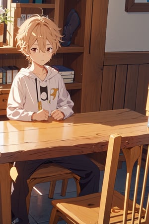 1boy,sentado ante una mesa de madera, aether,ANIME 