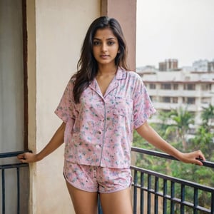 sexy young indian woman wearing pyjama shorts posing full body for the camera ,standing in a apartment balcony in India 