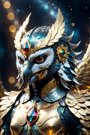 Garuda, eagle head, human body, metallic wings, wearing metal armor,close up angal (( teat shape)) , ( silver gold dust  ) , detailed focus, deep bokeh, beautiful, dreamy colors, black dark cosmic background. Visually delightful ,3D,more detail XL , 