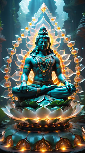 Epic a large cristal diamond sculpture of a shiva male sitting on a large lotus, in acient temple dark, volumetric fog, (epic scene, Extremely intricate details on the body, glowing fireflies, sacret geometry spectral, shiva's halo, Hyperrealism), ultra masterpice, unreal engine, ultra detailed, cinematic, breathtaking, style RAW, stunning environment, ((wide_shot, view_from_below, epic theme)),DonMG414XL,DonMPl4sm4T3chXL,husk