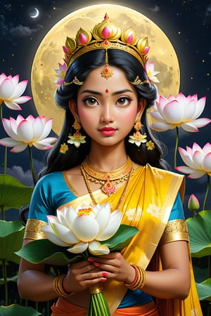 Godess mahalaxmi devi with saree flower and gold coins, sysmtry, meditating on a big lotus, big royal uncropped crown, royal jewelry, beautiful And Charming, Metaphysical Symbolism, Enlightenment, Baroque Ukiyo Art, Wlop , A Yellow Moon, Cloudy Night, Suspension, Ominous, Landscape, Elaborate starry night, Dynamic Lighting ,Hyperdetailed Intricately Detailed Full-Color bangkok, shiny star, Oil On Canvas ,chinese face, portrait, Embarrassed Expression,detailmaster2,Right hand holding a bouquet of lotus flowers