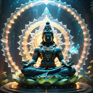 Epic a large cristal diamond sculpture of a shiva male sitting on a large lotus, in acient temple dark, volumetric fog, (epic scene, Extremely intricate details on the body, glowing fireflies, sacret geometry spectral,( shiva's halo), Hyperrealism), ultra masterpice, unreal engine, ultra detailed, cinematic, breathtaking, style RAW, stunning environment, ((wide_shot, view_from_below, epic theme)),DonMG414XL,DonMPl4sm4T3chXL,husk,He holds the weapon trident in his right hand