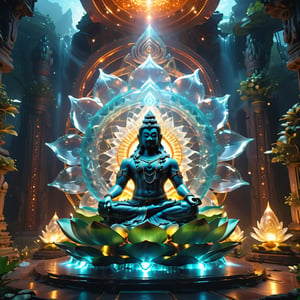 Epic a large cristal diamond sculpture of a shiva male sitting on a large lotus, in acient temple dark, volumetric fog, (epic scene, Extremely intricate details on the body, glowing fireflies, sacret geometry spectral,( shiva's halo), Hyperrealism), ultra masterpice, unreal engine, ultra detailed, cinematic, breathtaking, style RAW, stunning environment, ((wide_shot, view_from_below, epic theme)),DonMG414XL,DonMPl4sm4T3chXL,husk