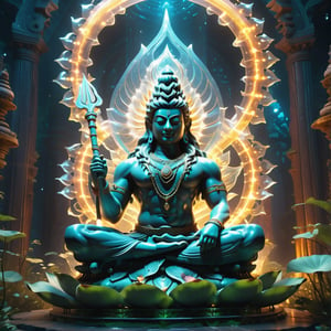 Epic a large cristal diamond sculpture of a shiva male sitting on a large lotus, in acient temple dark, volumetric fog,(He holds the trident in his right hand), (epic scene, Extremely intricate details on the body, glowing fireflies, sacret geometry spectral,( shiva's halo), Hyperrealism), ultra masterpice, unreal engine, ultra detailed, cinematic, breathtaking, style RAW, stunning environment, ((wide_shot, view_from_below, epic theme)),DonMG414XL,DonMPl4sm4T3chXL,husk,