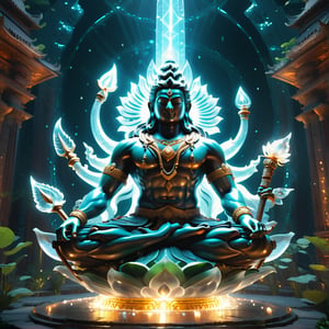 Epic a large cristal diamond sculpture of a shiva male sitting on a large lotus, in acient temple dark, volumetric fog,(He holds the weapon trident in his right hand), (epic scene, Extremely intricate details on the body, glowing fireflies, sacret geometry spectral,( shiva's halo), Hyperrealism), ultra masterpice, unreal engine, ultra detailed, cinematic, breathtaking, style RAW, stunning environment, ((wide_shot, view_from_below, epic theme)),DonMG414XL,DonMPl4sm4T3chXL,husk,