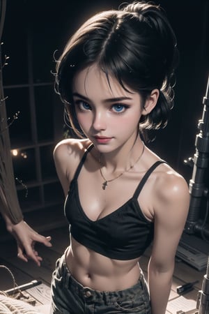 ( detailed realistic background:1), ( official art, beautiful and aesthetic:1 ), best quality, 8K, masterpiece, fine textured, intricate detaled, realistic lighting, cinematic lighting, hyperrealism, Poor lighting, sharp, artistic photoshoot, Noir with Assault rifle, 1girl, 16yo, cute girl, narrow body, bare shoulders, collarbone, thin waist, flat belly, black hair, medium hair, ponytail, bangs, perfect eyes, eyeliner, long eyelashes, natural lips, large breast, (cleavage), (military style), tank top,  short pants, cargo pants, fang necklace, hold assault rifle, M4A1 assault rifle, BREAK (pleasant expression), bashfully smile, seductive smile, stunding, (learning forward), looking at viewer, view from above, ((A girl in the night at the dark forest)), night, [dark], moonlight, small open fire, deep shadow, deep forest, well-balanced composition, 