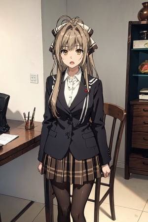 best quality, (masterpiece:1.2), highly detailed, indoors, office, desk,1girl, solo, sento isuzu, open mouth,  looking at the viewer,brown hair, long hair, antenna hair, ponytail, brown eyes, pinstripe suit, skirt suit, pantyhose