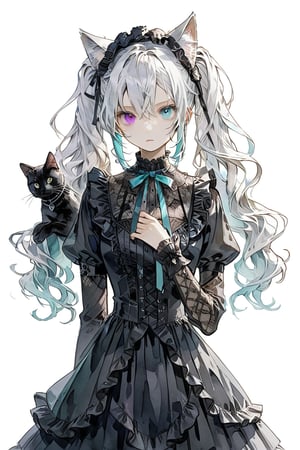 1girl, solo, (25-ji miku,  project sekai, heterochromia), gothic lolita dress,  twintails,  purple eye, turquoise eye,  White hair ribbon, (kawaii),  Ruffle,  lace,  gothic dress,  (watercolor medium),  sketch:0.5,  (masterpiece, best quality), hold a cat, late, (aesthetic), simple backgrounds, no backgrounds, 1cat, 