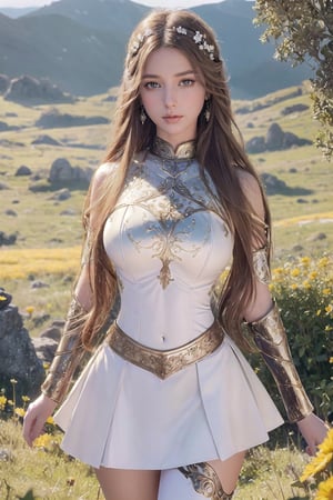 photorealistic, high resolution, masterpiece, 8K, best quality, raw photo, 1girl, (((adorable, lovely, pretty))), 18yo, narrow body, hourglass body, large breasts, thin waist, flat belly, beutyfull thighs,  beutyfull legs, (theme:fantasy), (female heroine), (white armor:1.2), shoulders armor, arms armor, waist armor, legs armor, long sword, white skirt, long hair, brown hair, brown eyes, eyeliner, long eyelashes, alluring face, upturned eyes, natural maked face, flirtatious glance, diamond earring's, (standing on a prairie hill:1.2), outdoor, rocks, flowers, distant forest, distant mountain, daylight,  looking at viewer, (be approaching), dynamic lighting, intricate detail, detailed skin, detaled face, pore, highres, hdr, well-balanced composition, view from below, 