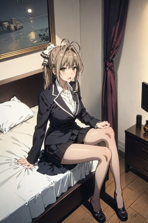 best quality, (masterpiece:1.2), 8K, highly detailed, indoors, girl's  room, 1girl, solo, sento isuzu, (a shy expression), blush, open mouth,  looking at the viewer,brown hair, long hair, antenna hair, ponytail, brown eyes, large breast, cleavage, (pinstripe suit(open cloth)), (collared shirt(unbuttoned shirt)), skirt suit, pantyhose, sit on the bed, (cross one's legs:1.4), a shy pose, 
at night, in the dark, moonlight, blue moon, dynamic light, intricate detaled, from above, 