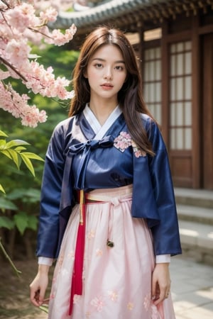 (8K, original, highest quality, famous photo: 1.2), (current, real photo: 1.3), ((3D lighting, aura)),

Blue eyes, 1girl, holding, weapon, female focus, cherry blossom hanbok, flower bouquet, shoulder cloak, sheath, cherry blossom, spring, bamboo, lotus flower, architecture, East Asian architecture, Joseon tile house