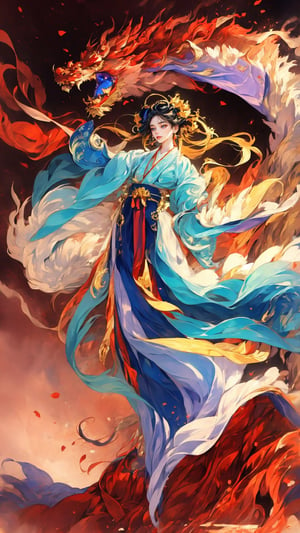 masterpiece, top quality, best quality, official art, beautiful and aesthetic:1.2), (1girl:1.9), purple-blue color long hair, ((multi-colored hanfu fashion)), wind blows, chinese dragon, golden line, (red theme:1.3), ultra-high quality, photorealistic, sky background, dynamic pose, icemagicAI