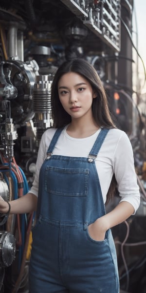 An engineer with grease-stained overalls and a determined glint in her eyes. She expertly adjusts the intricate wiring of a colossal machine, sparks dancing across her focused expression. The whirring of gears and the hum of energy fill the air around her.
 
