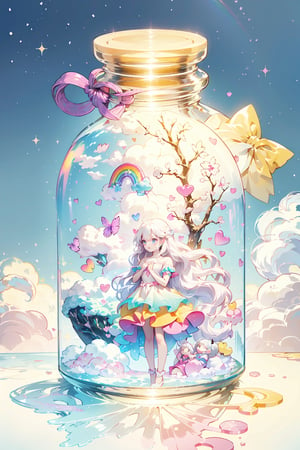 ((magical girl, white hair, rainbow eyes, doll dress, short dress, long hair, small breasts, pale skin, soft skin, colorful snow background, rainbow, hearts, snow, snowing, ice, pastel, sun)), (masterpiece, best quality:1.2), fluffy, soft, light, bright, sparkles, twinkle, slightly downcast eyes, cute, pink, purple, (crystals), (on toy figure stand), glass bottle,  jar, gib\(concept\),bottle,kawaiitech, clouds