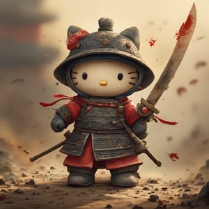 A close-up shot of a dust-covered, stoic Brave Hello Kitty warrior, clad in intricately illustrated Chinese armor, waves a mighty sword with determination. The worn, earthy tones of the setting sun cast long shadows on the misty terrain as Hello Kitty stands proudly, her whiskers twitching with grit, chinese ink drawing