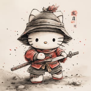 chinese ink drawing, a dusty brave Chinese ninja Hello Kitty