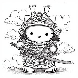 a brave warrior-style Hello Kitty, covered in armor, waving a sword at the camera,ukiyoe,ink,colorful,samurai,shogun,katana,scene,b&w,amaterasu