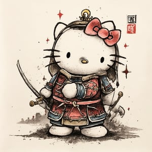 chinese ink drawing, a dusty brave Chinese warrior-style Hello Kitty, covered in armor, waving a sword