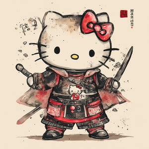 chinese ink drawing, a dusty brave Chinese warrior-style Hello Kitty, covered in armor, waving a sword