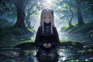 (masterpiece,best quality,ultra_detailed,highres,absurdres:1.2),  1girl, sitting in the pond, Super-detailed water, light beam, particles, lily pads, lotus flowers, blurry background, dramatic lighting, wet, dappled sunlight, echidna, white hair, hair between eyes, hairclip, (colored eyelashes:1.1), school uniform, blue jacket, pleated skirt, collared shirt, bowtie, smile, looking at viewer, Detail , better_hand