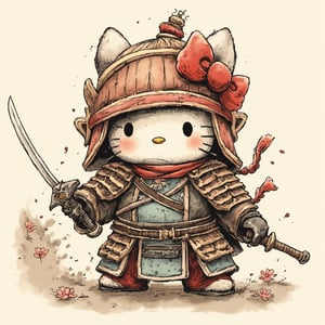 chinese ink drawing, a brave Chinese warrior-style Hello Kitty, covered in armor, waving a sword