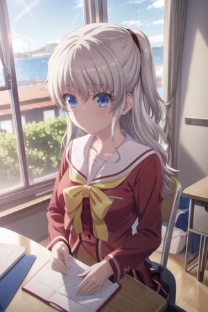 (((picture perfect))), (absurdres), 1girl, solo, , nao tomori, school uniform, serafuku, red shirt, looking at viewer, classroom, window, light leaks, fellatio, paizuri, oral, uncensored, large breasts, large penis, hetero, 1boy, white hair,  nude