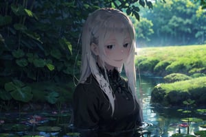 (masterpiece,best quality,ultra_detailed,highres,absurdres:1.2),  1girl, in the pond, Super-detailed water, light beam, particles, lily pads, lotus flowers, blurry background, dramatic lighting, wet, dappled sunlight, echidna, white hair, hair between eyes, hairclip, (colored eyelashes:1.1), school uniform, blue jacket, pleated skirt, collared shirt, bowtie, smile, looking at viewer, Detail , better_hand