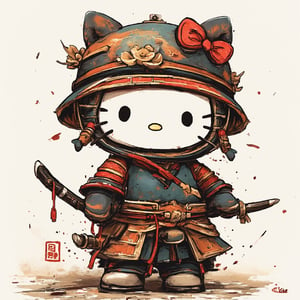 chinese ink drawing, a dusty brave Chinese warrior-style Hello Kitty, covered in armor, waving a sword