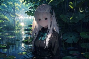 (masterpiece,best quality,ultra_detailed,highres,absurdres:1.2),  1girl, Floating on the surface of the pond, Super-detailed water, light beam, particles, lily pads, lotus flowers, blurry background, dramatic lighting, wet, dappled sunlight, echidna, white hair, hair between eyes, hairclip, (colored eyelashes:1.1), school uniform, blue jacket, pleated skirt, collared shirt, bowtie, smile, looking at viewer, Detail , better_hand