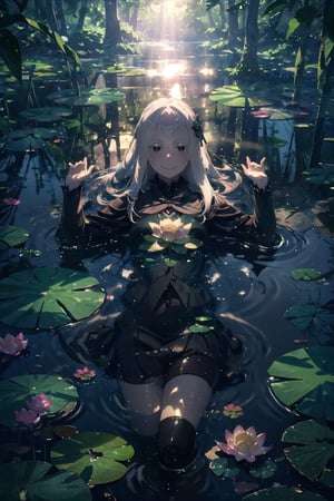 (masterpiece,detailed), 1girl, sexy, lying in pond, Extraordinarily realistic water, light beam, particles, lily pads, lotus flowers, dramatic lighting, wet, dappled sunlight, from above, serafuku, echidna, white hair 