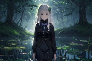 (masterpiece,best quality,ultra_detailed,highres,absurdres:1.2),  1girl, sexy, standing inside the pond, Super-detailed water, light beam, particles, lily pads, lotus flowers, blurry background, dramatic lighting, (wet), ((dappled sunlight)), echidna, white hair, hair between eyes, hairclip, (colored eyelashes:1.1), school uniform, blue jacket, pleated skirt, collared shirt, bowtie, smile, looking at viewer, Detail, better_hand