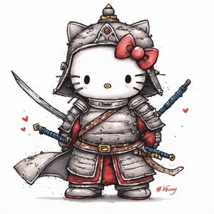 chinese ink drawing, a brave Chinese warrior-style Hello Kitty, covered in armor, waving a sword