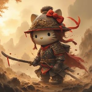 A close-up shot of a dust-covered, stoic Brave Hello Kitty warrior, clad in intricately illustrated Chinese armor, waves a mighty sword with determination. The worn, earthy tones of the setting sun cast long shadows on the misty terrain as Hello Kitty stands proudly, her whiskers twitching with grit, chinese ink drawing