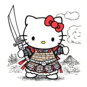 a brave warrior-style Hello Kitty, covered in armor, waving a sword at the camera,ukiyoe,ink,colorful,samurai,shogun,katana,scene,b&w,amaterasu