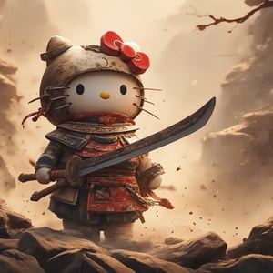 A close-up shot of a dust-covered, stoic Brave Hello Kitty warrior, clad in intricately illustrated Chinese armor, waves a mighty sword with determination. The worn, earthy tones of the setting sun cast long shadows on the misty terrain as Hello Kitty stands proudly, her whiskers twitching with grit, chinese ink drawing