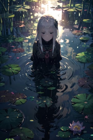 (masterpiece), 1girl, sexy, in pond, light beam, particles, lily pads, lotus flowers, dramatic lighting, wet, dappled sunlight, from above, serafuku, echidna, white hair, Hands behind back