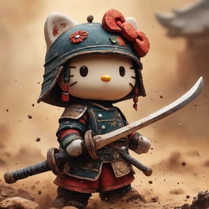 A close-up shot of a dust-covered, stoic Brave Hello Kitty warrior, clad in intricately illustrated Chinese armor, waves a mighty sword with determination. The worn, earthy tones of the setting sun cast long shadows on the misty terrain as Hello Kitty stands proudly, her whiskers twitching with grit, chinese ink drawing