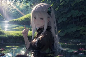 (masterpiece, best quality, ultra_detailed, highres:1.2), 1girl, sexy, wet girl, in the pond, Super-detailed water, light beam, particles, lily pads, lotus flowers, blurry background, (dramatic lighting), (dappled sunlight), (fully naked:1.5), echidna, white hair, hair between eyes, hairclip, (colored eyelashes:1.1), better_hand, nsfw