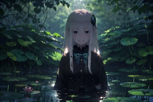 ((masterpiece)),((detailed)), 1girl, sitting in the pond, Super-detailed water, light beam, particles, lily pads, lotus flowers, (blurry background), dramatic lighting, wet, dappled sunlight, echidna, white hair, hair between eyes, hairclip, (colored eyelashes:1.1), school uniform, blue jacket, pleated skirt, collared shirt, bowtie, smile, looking at viewer