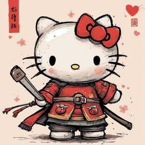 a brave Chinese warrior-style Hello Kitty, covered in armor, waving a sword at the camera,chinese ink drawing