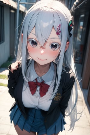 anime, hdr, soft light, ((best quality)), ((masterpiece)), (detailed),  echidna, brown eyes, hair between eyes, hairclip, (colored eyelashes:1.1), school uniform, blue jacket, pleated skirt, collared shirt, bowtie, smile, looking at viewer, school,echidna,breakdomain
