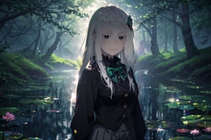 (masterpiece,best quality,ultra_detailed,highres,absurdres:1.2),  1girl, standing in the pond, Super-detailed water, light beam, particles, lily pads, lotus flowers, blurry background, dramatic lighting, wet, dappled sunlight, echidna, white hair, hair between eyes, hairclip, (colored eyelashes:1.1), school uniform, blue jacket, pleated skirt, collared shirt, bowtie, smile, looking at viewer, Detail , better_hand