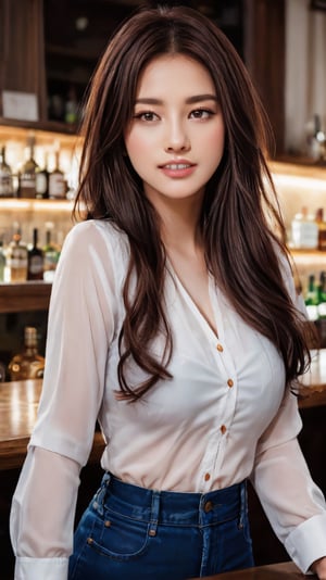 a close up photo of a 23 year old turkey woman in a blouse at a bar, attractive smile, ginger hair, cinematic light, film still, attractive face, very_beautiful_lady, RAW photograph
