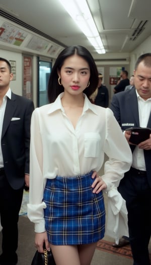 A young woman stands confidently in front of a subway train, dressed in a crisp white blouse and blue plaid skirt. She holds a black purse in her left hand, her arm resting on her hip. Her sleek bobbed hair shines, complemented by pink lipstick and gold hoop earrings. To her right, a businessman checks his phone, dressed in a dark suit with a white shirt. His short haircut and glasses add to his professional demeanor. Nearby, another man stands with arms crossed, his serious expression contrasting with the woman's radiant confidence.